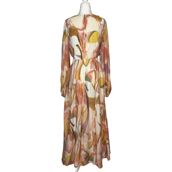 Abstract Print Maxi Dress Cutout Tie Front Long Sleeve Size 8 - Picture 3 of 12